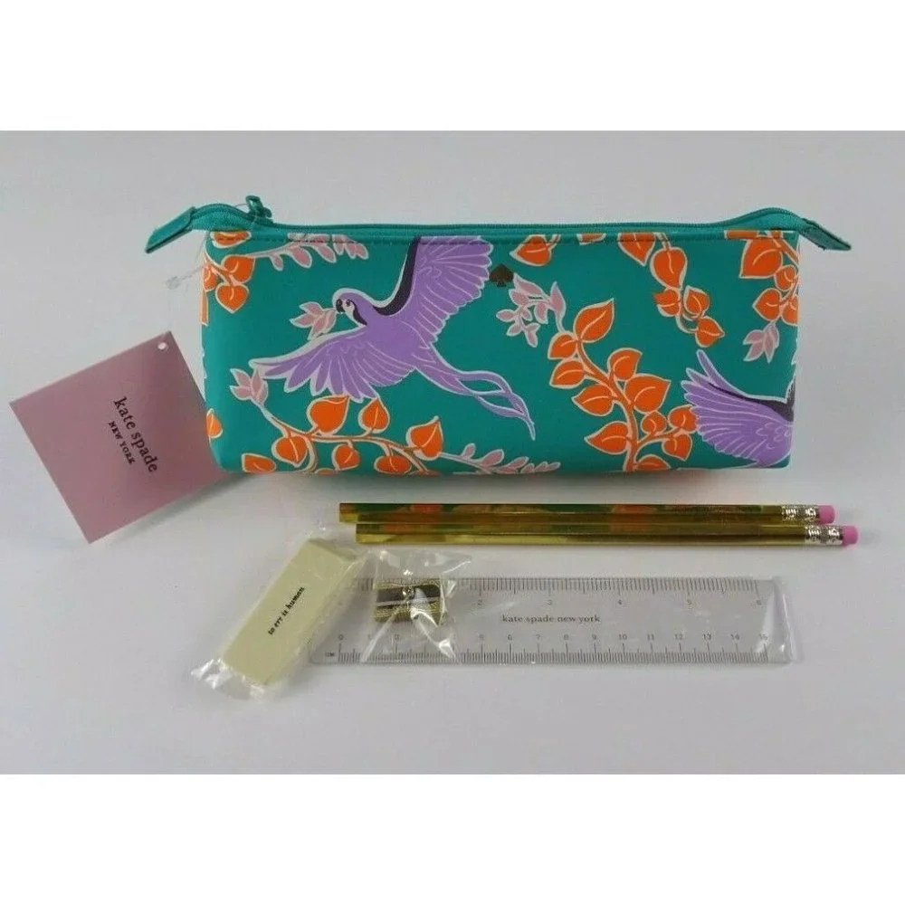 Kate Spade BIRD Party Pencil Case Pouch Ruler Eraser Sharpener Pencils 6-PC Set - Picture 4 of 11